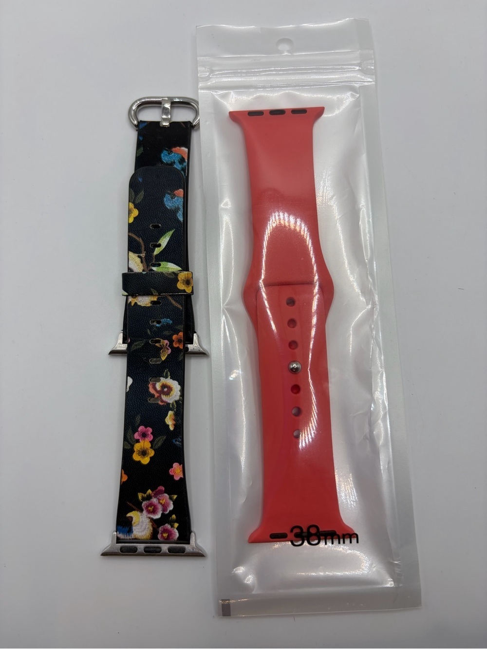 Black Floral Leather Watch Band + Red Silicone Replacement Strap